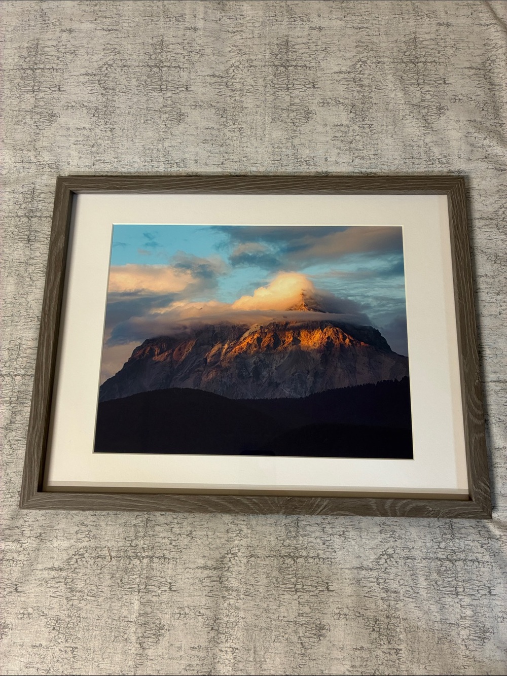 Framed Mountain Sunset Photograph in Grey Wood-Tone Frame